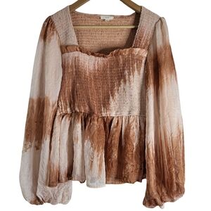 Elegant Smocked Blouse in Brown and Cream
